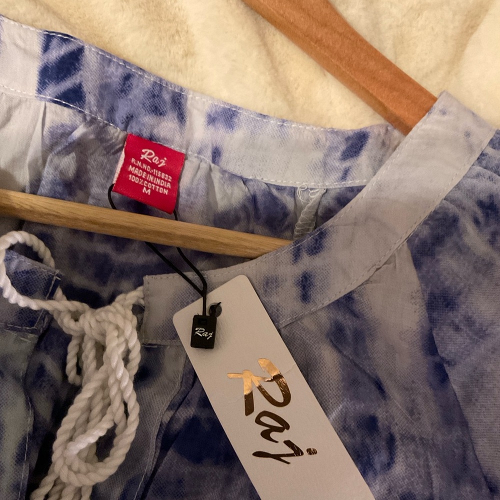 RAJ NWT Blue /Purple/White Women’s 100% Cotton Boho V-neck Dress Size Medium - Picture 2 of 8